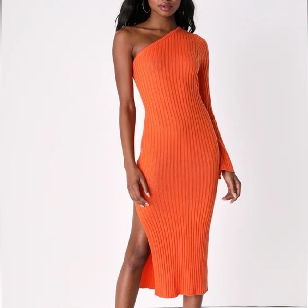 LULU’S Time to Delight Orange Ribbed One-Shoulder Sweater Midi Dress Sz XS